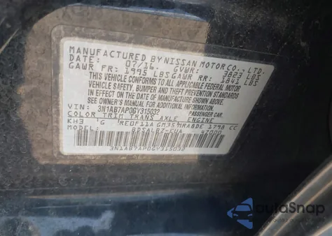 2016 Nissan Sentra S z USA, uszkodzony, nr VIN 3N1AB7AP0GY315032